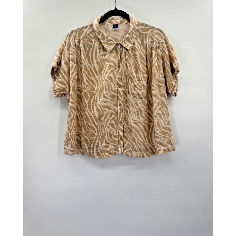 Old Navy Gauze Zebra Stripe Button Up Top Medium Neutral Short Sleeve Boho Beach